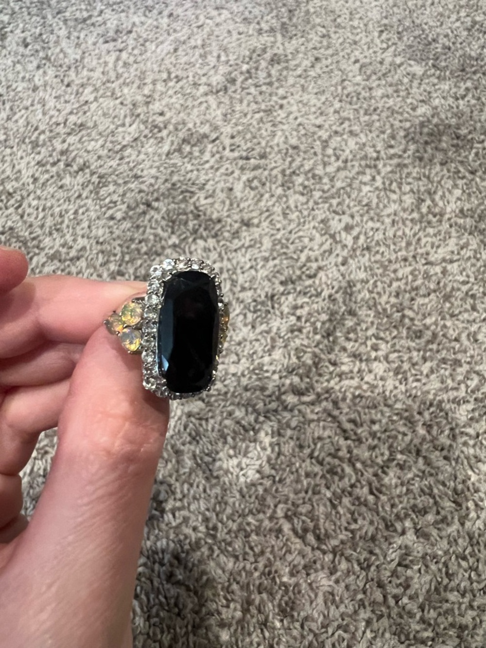 Black spinel with opal and CZ cocktail ring
